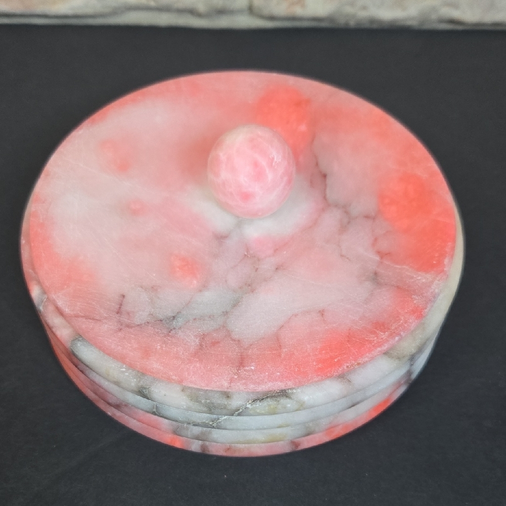 Vintage Soap Stone Vanity Dish with Lid Pink White Gray Marbled Pattern